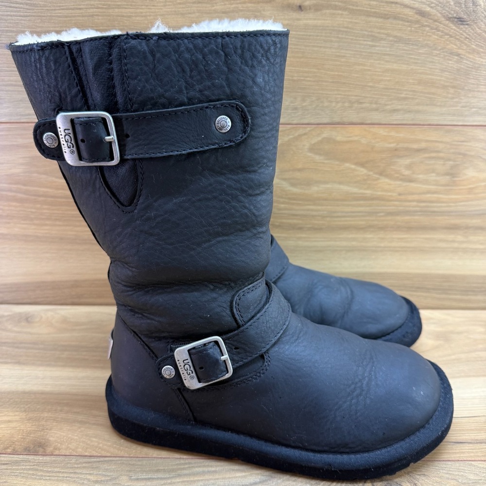 UGG Kensington Tall Boots Womens 7 Black Leather Shearling Sherpa Lined Cozy